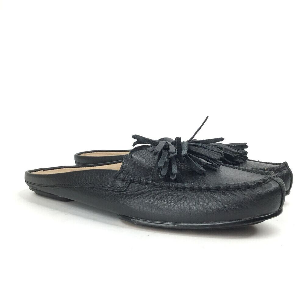 J. Jill Black Leather Chantal Shoes Slip On Flats Mules Size 6 Tassel Front 2186